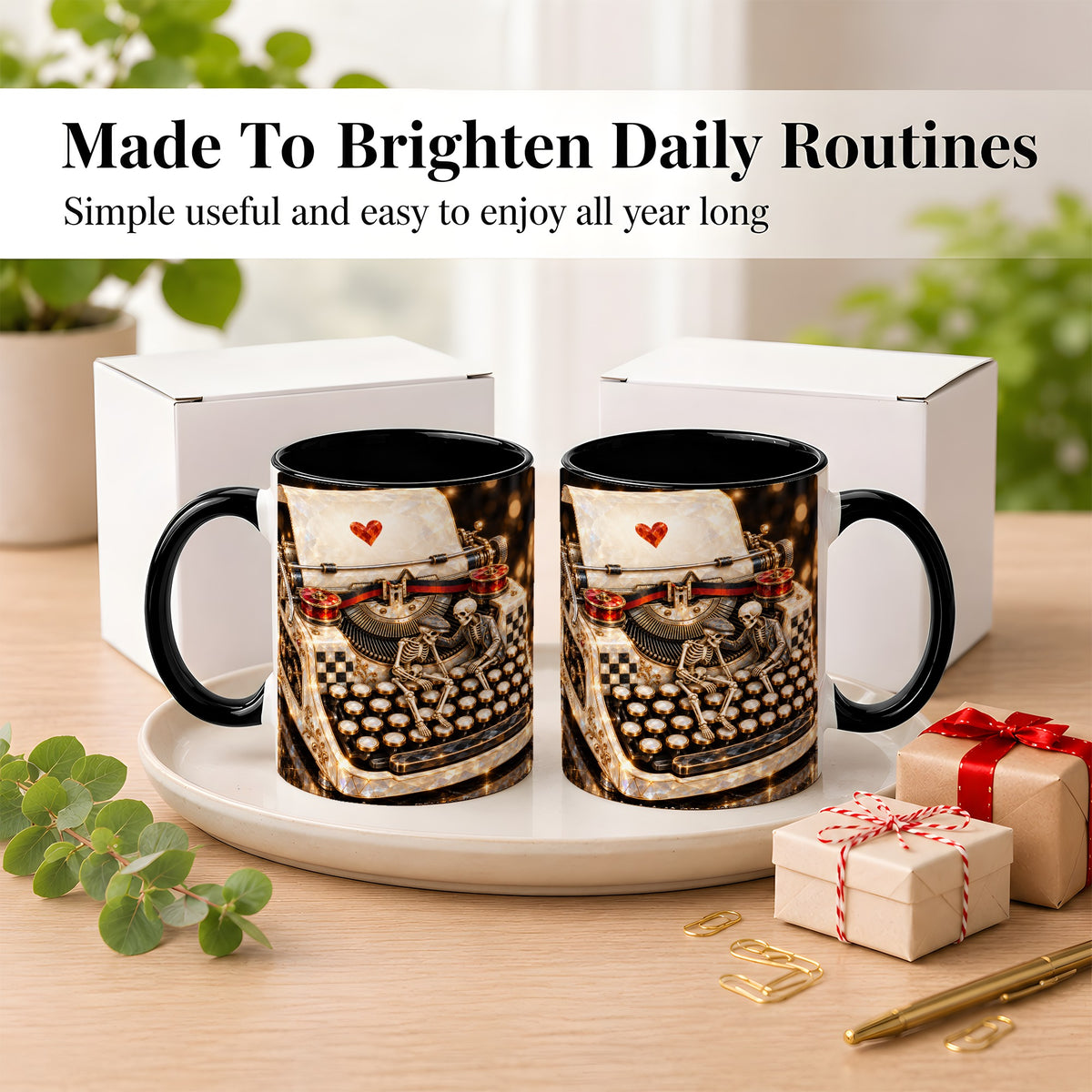 #pl[11oz|Black] Jeweled Typewriter Coffee Mug, Skeleton Couple Mug, Ceramic Cup
