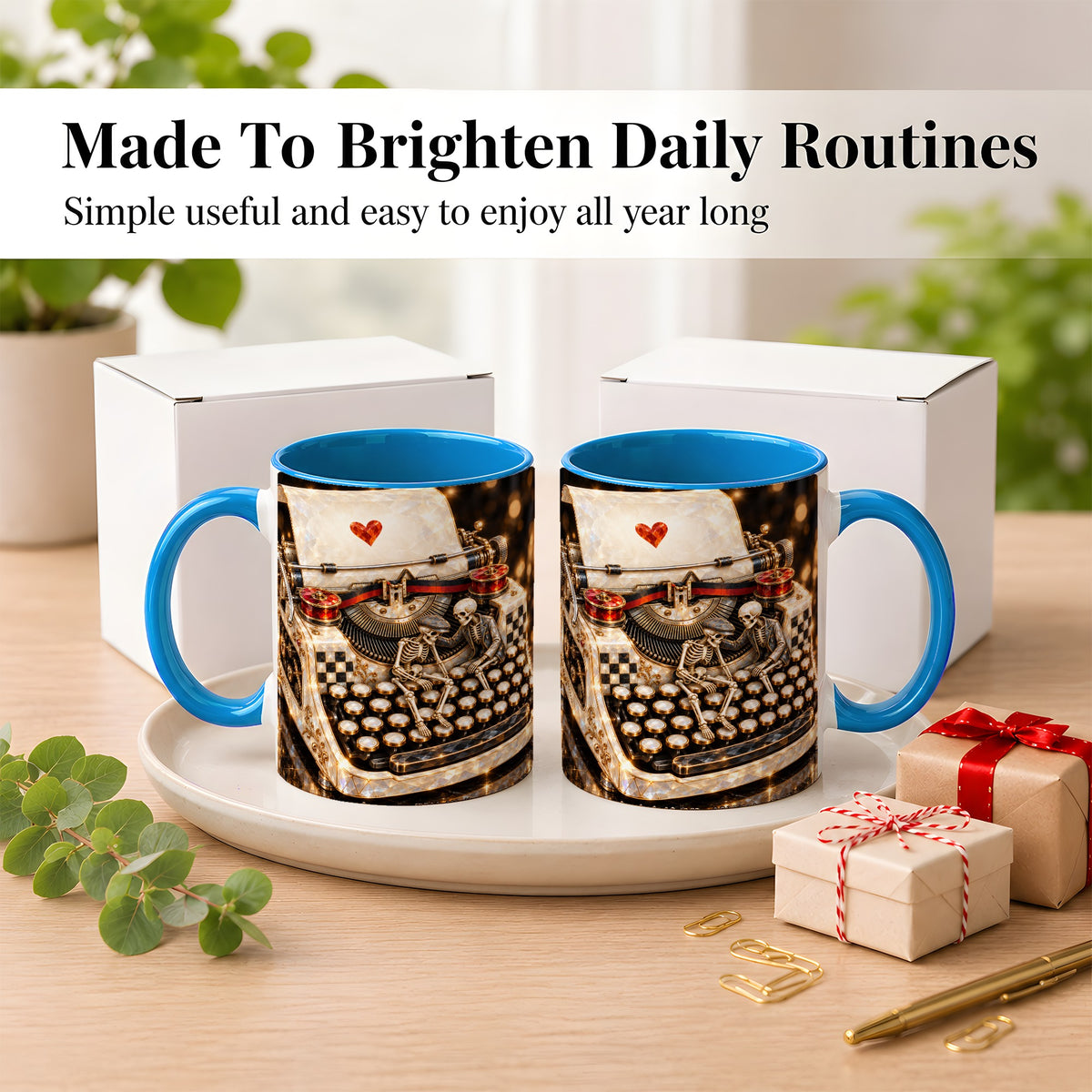 #pl[11oz|Blue] Jeweled Typewriter Coffee Mug, Skeleton Couple Mug, Ceramic Cup