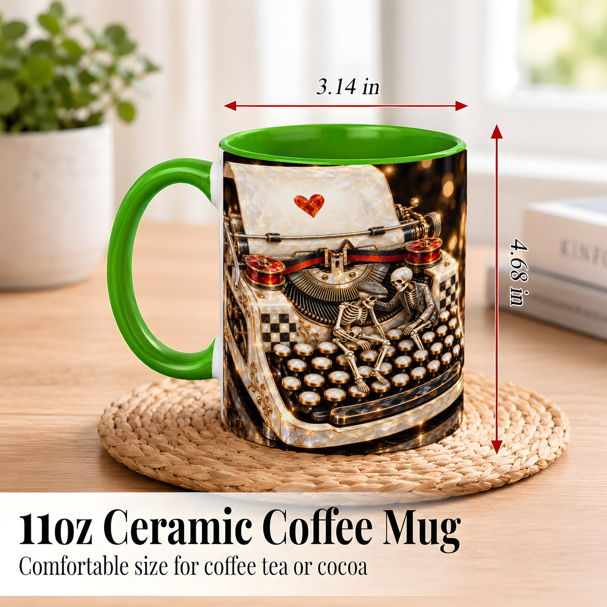 #pl[11oz|Green] Jeweled Typewriter Coffee Mug, Skeleton Couple Mug, Ceramic Cup