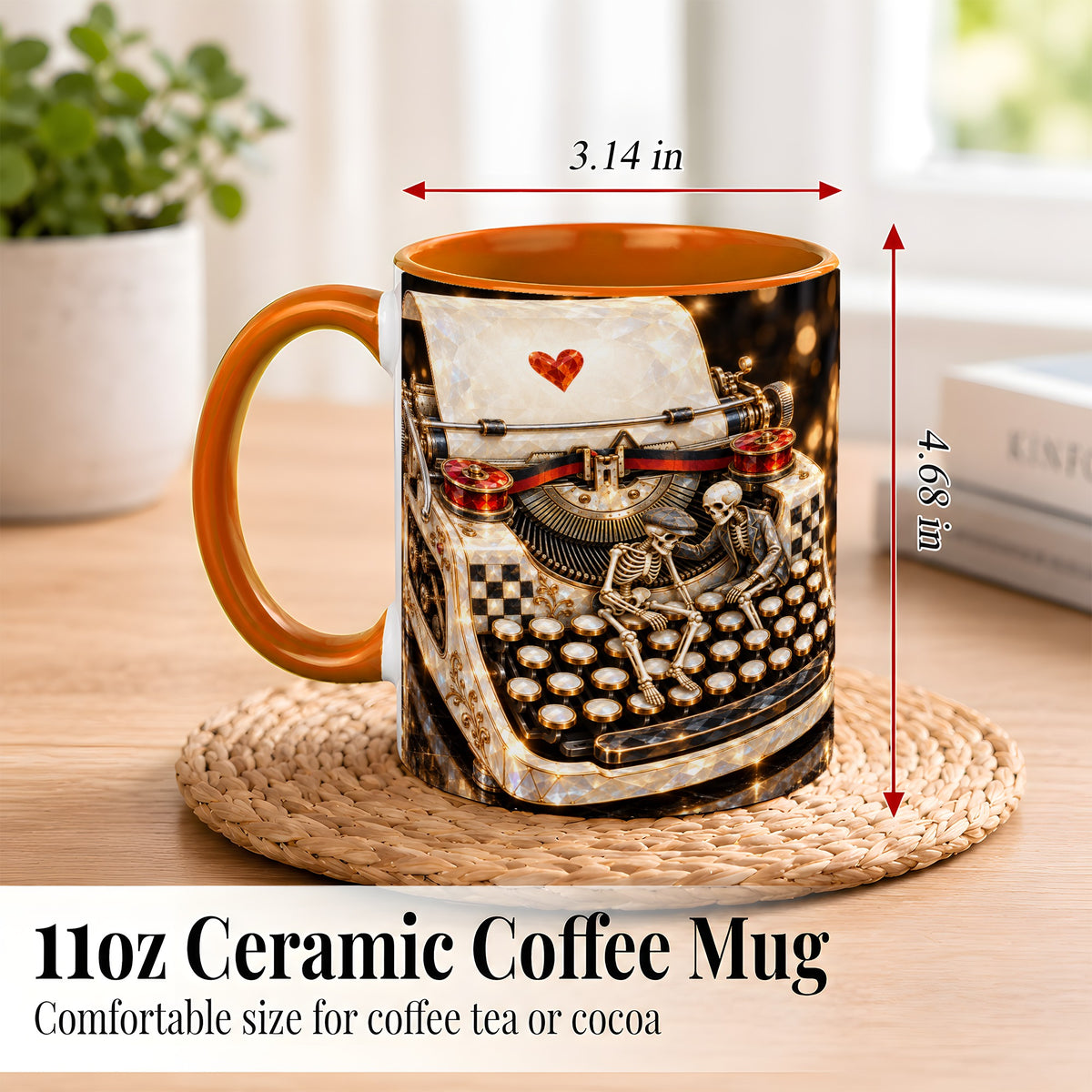 #pl[11oz|Orange] Jeweled Typewriter Coffee Mug, Skeleton Couple Mug, Ceramic Cup