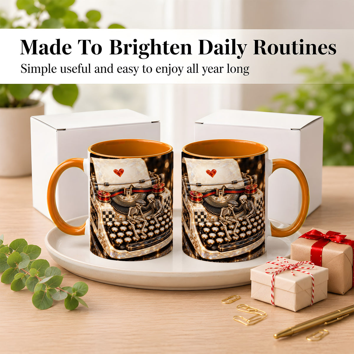 #pl[11oz|Orange] Jeweled Typewriter Coffee Mug, Skeleton Couple Mug, Ceramic Cup
