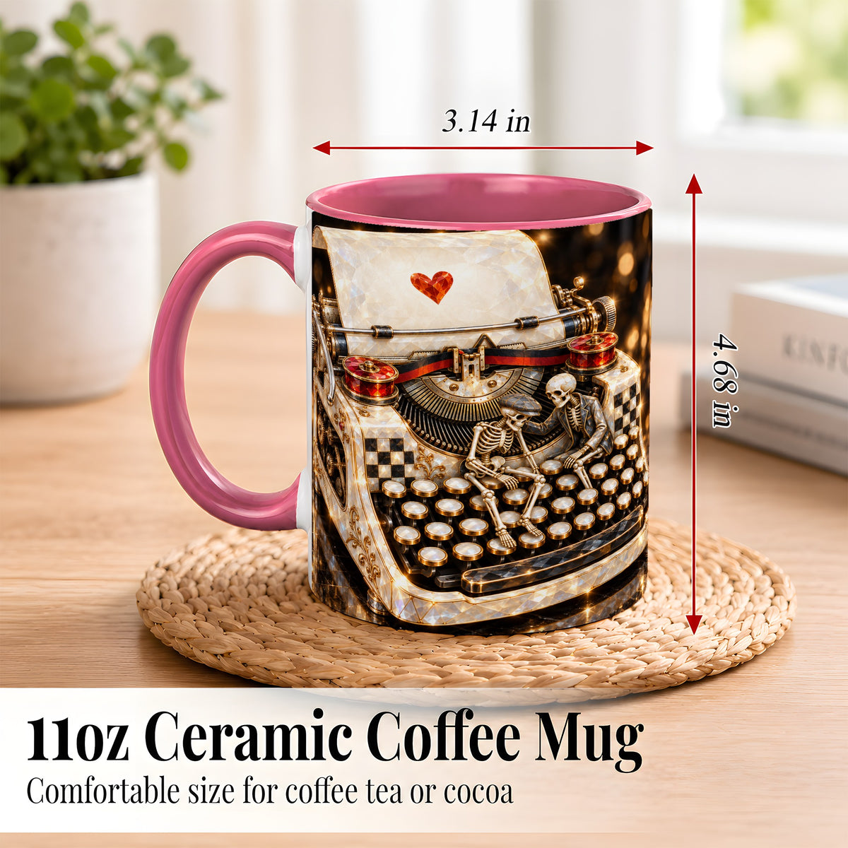 #pl[11oz|Pink] Jeweled Typewriter Coffee Mug, Skeleton Couple Mug, Ceramic Cup