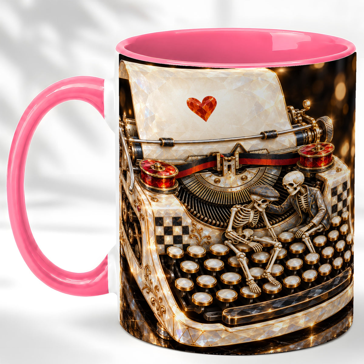 #pl[11oz|Pink] Jeweled Typewriter Coffee Mug, Skeleton Couple Mug, Ceramic Cup