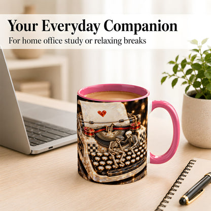#pl[11oz|Pink] Jeweled Typewriter Coffee Mug, Skeleton Couple Mug, Ceramic Cup