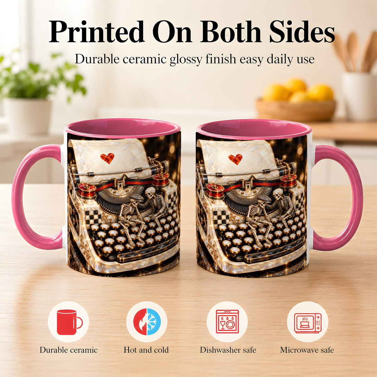 #pl[11oz|Pink] Jeweled Typewriter Coffee Mug, Skeleton Couple Mug, Ceramic Cup