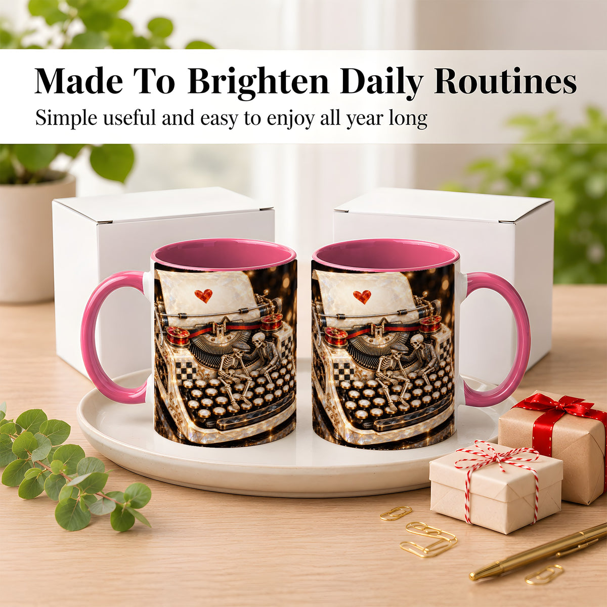 #pl[11oz|Pink] Jeweled Typewriter Coffee Mug, Skeleton Couple Mug, Ceramic Cup