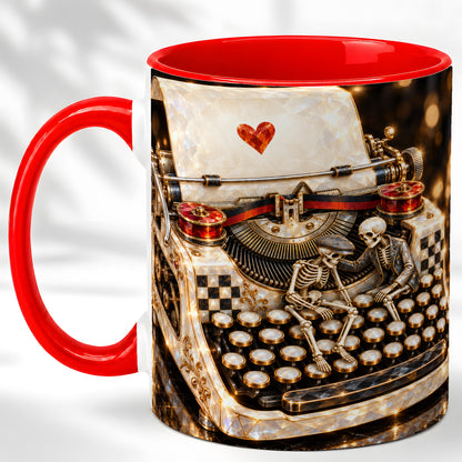 Jeweled Typewriter Coffee Mug, Skeleton Couple Mug, Ceramic Cup