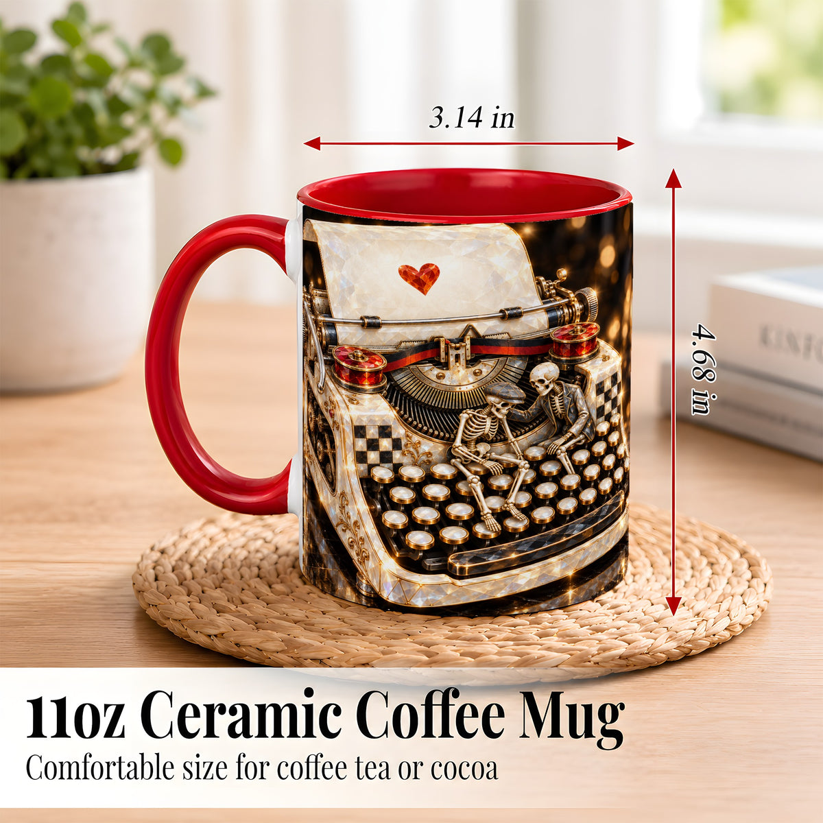 #pl[11oz|Red] Jeweled Typewriter Coffee Mug, Skeleton Couple Mug, Ceramic Cup
