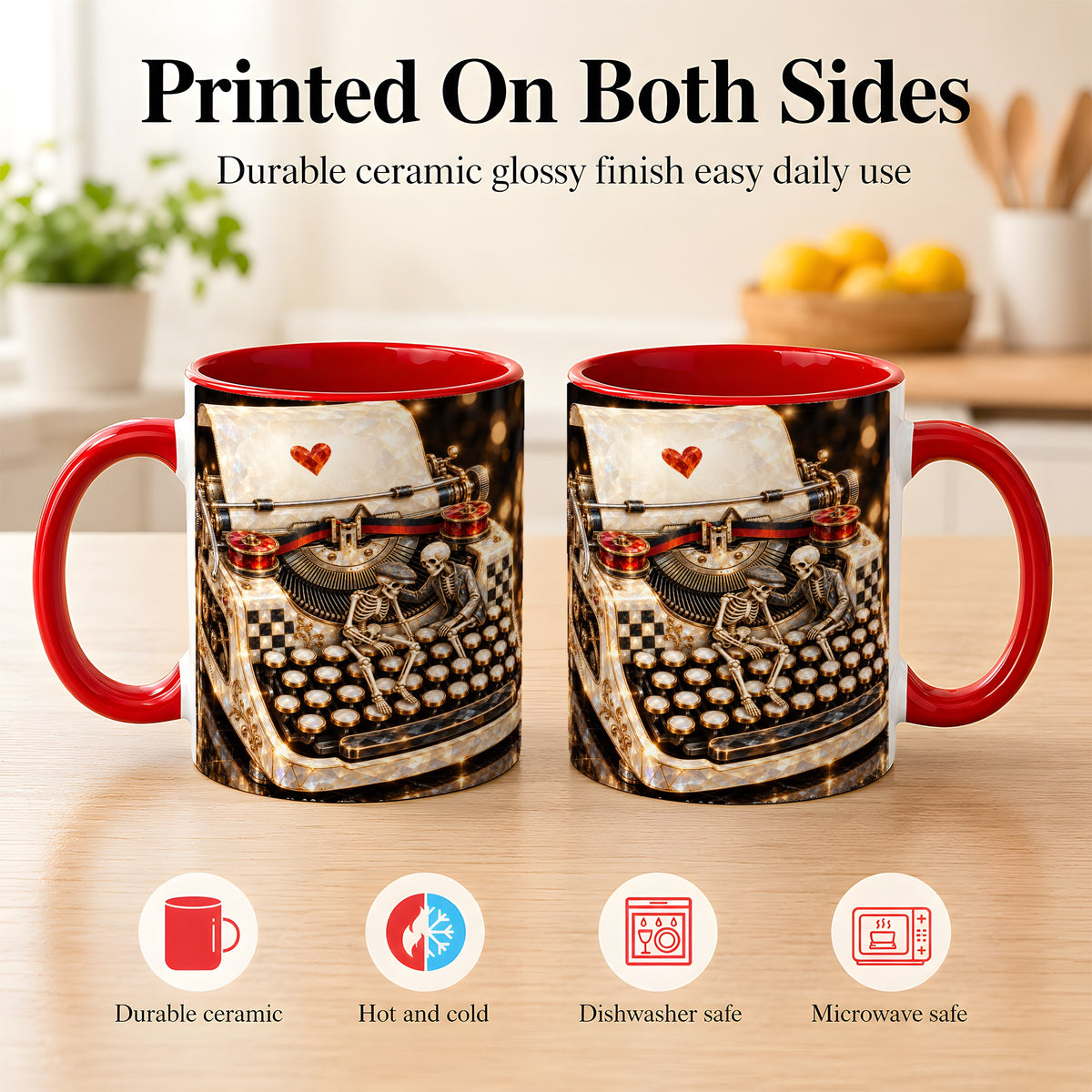 #pl[11oz|Red] Jeweled Typewriter Coffee Mug, Skeleton Couple Mug, Ceramic Cup