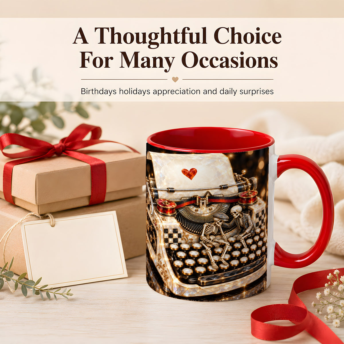 #pl[11oz|Red] Jeweled Typewriter Coffee Mug, Skeleton Couple Mug, Ceramic Cup