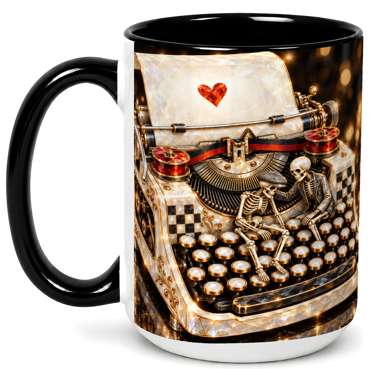 #pl[15oz|Black] Jeweled Typewriter Coffee Mug, Skeleton Couple Mug, Ceramic Cup