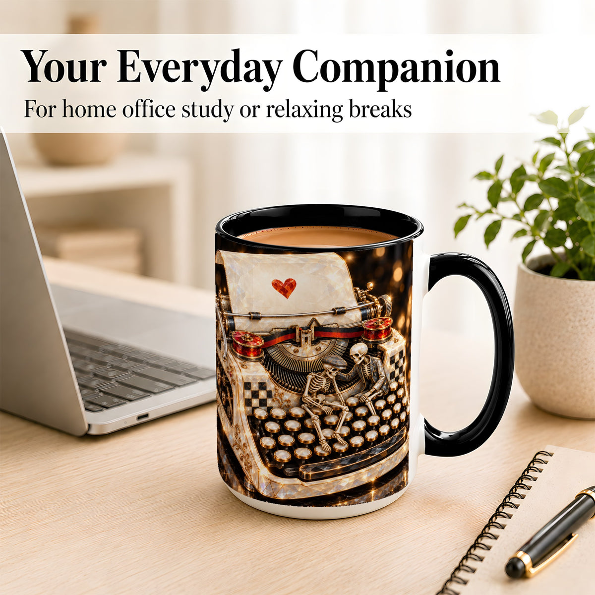 #pl[15oz|Black] Jeweled Typewriter Coffee Mug, Skeleton Couple Mug, Ceramic Cup