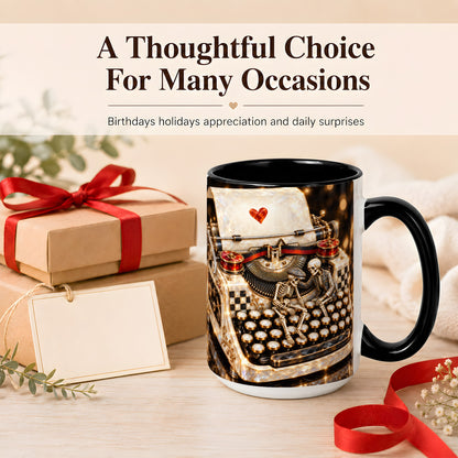 #pl[15oz|Black] Jeweled Typewriter Coffee Mug, Skeleton Couple Mug, Ceramic Cup