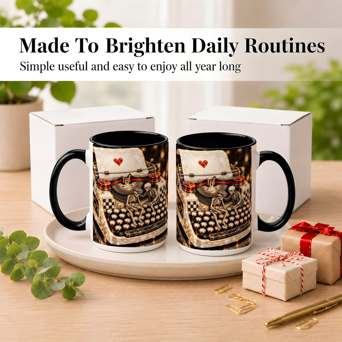 #pl[15oz|Black] Jeweled Typewriter Coffee Mug, Skeleton Couple Mug, Ceramic Cup