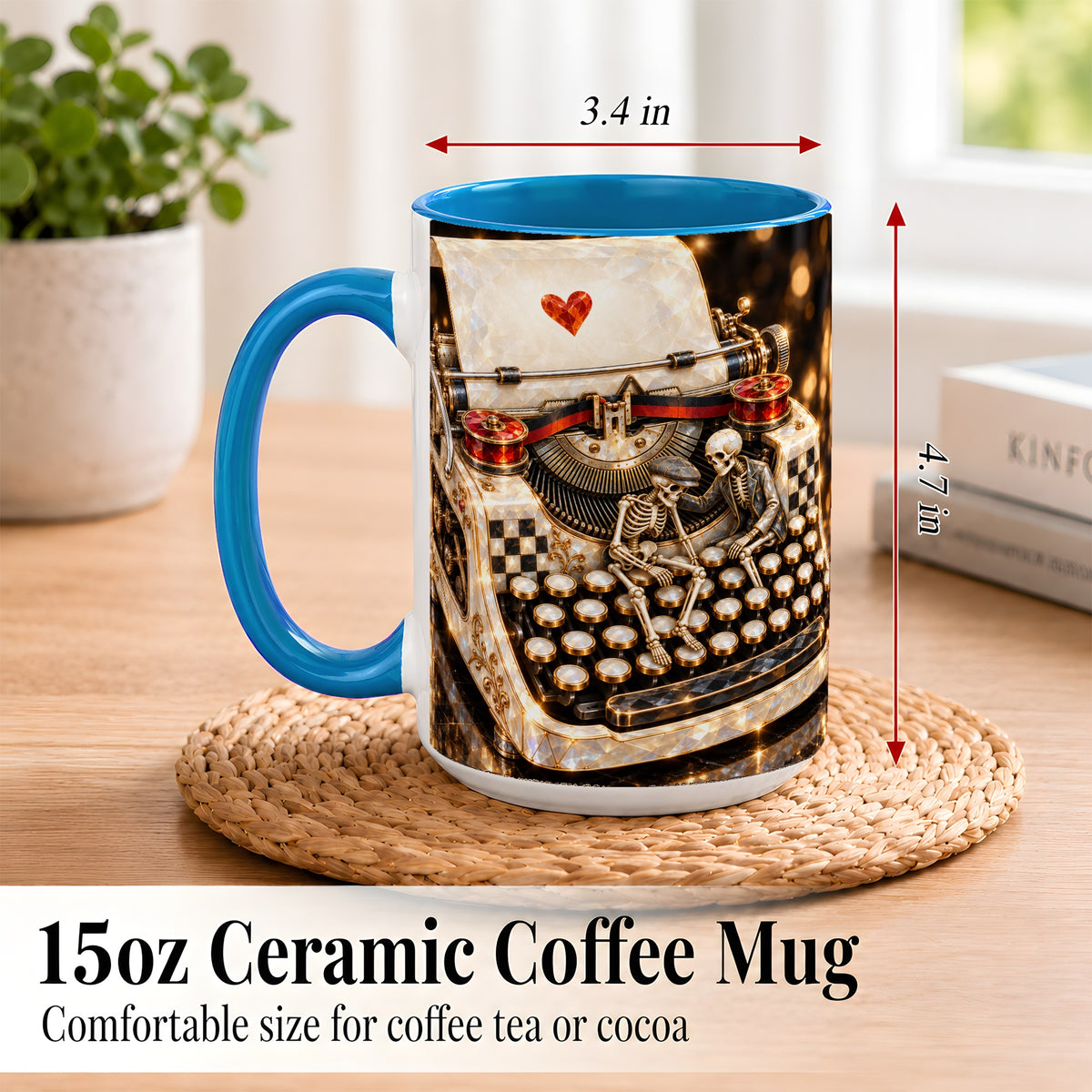 #pl[15oz|Blue] Jeweled Typewriter Coffee Mug, Skeleton Couple Mug, Ceramic Cup