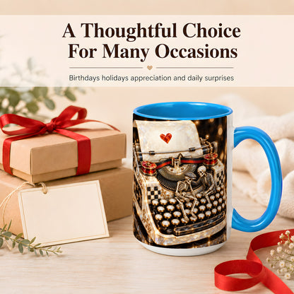 #pl[15oz|Blue] Jeweled Typewriter Coffee Mug, Skeleton Couple Mug, Ceramic Cup