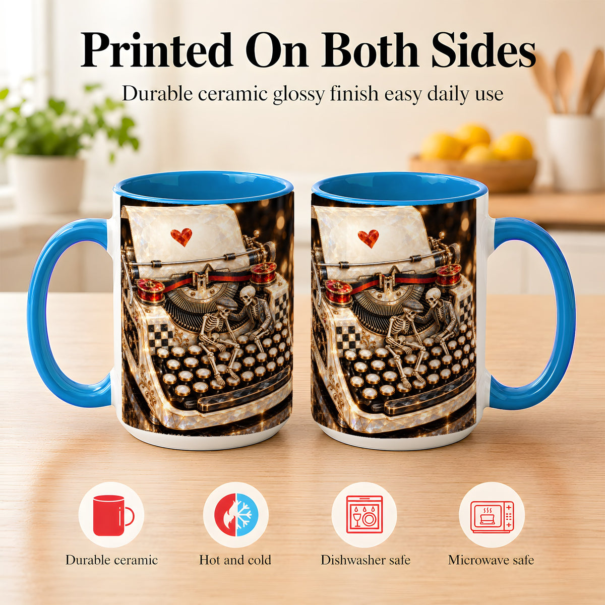 #pl[15oz|Blue] Jeweled Typewriter Coffee Mug, Skeleton Couple Mug, Ceramic Cup