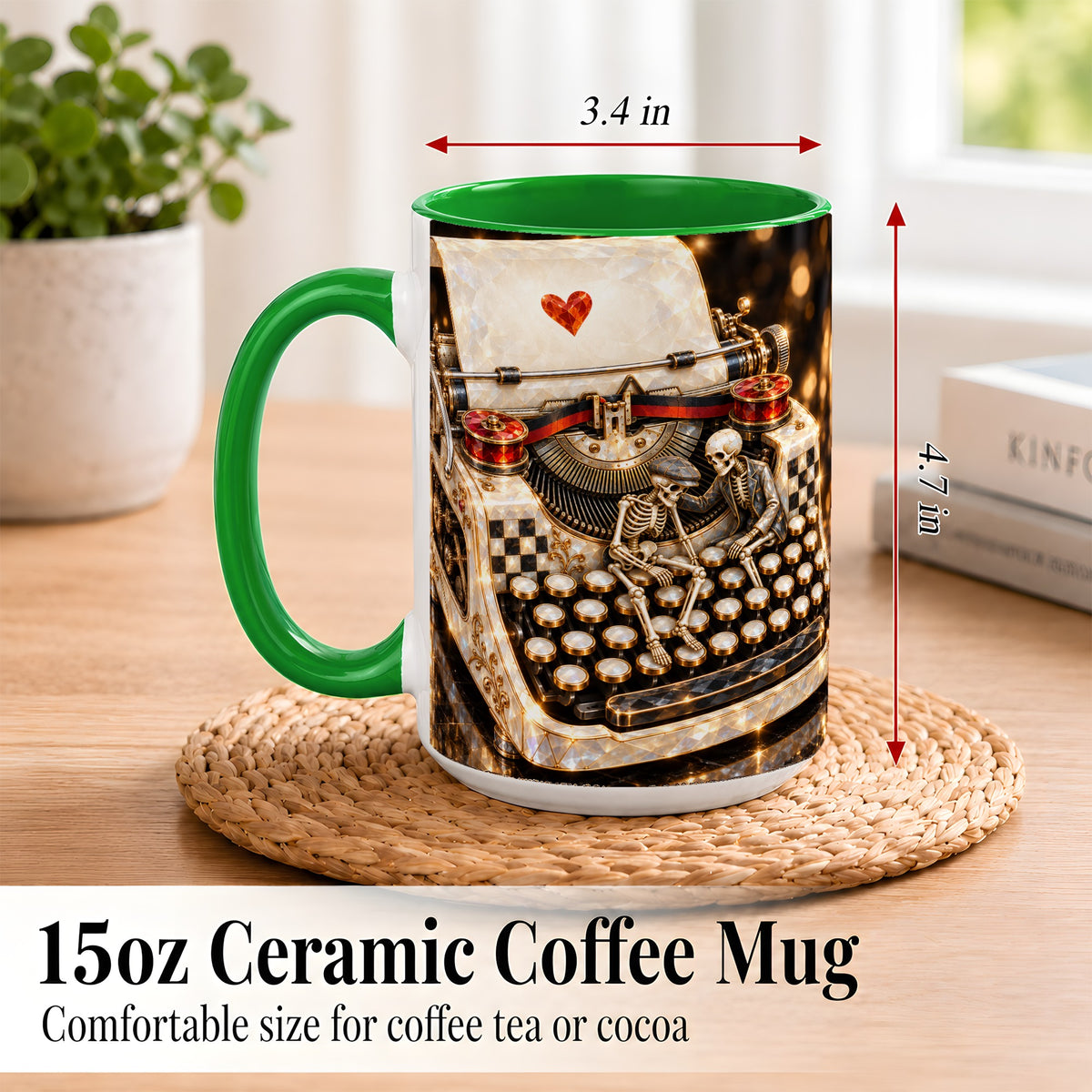 #pl[15oz|Green] Jeweled Typewriter Coffee Mug, Skeleton Couple Mug, Ceramic Cup