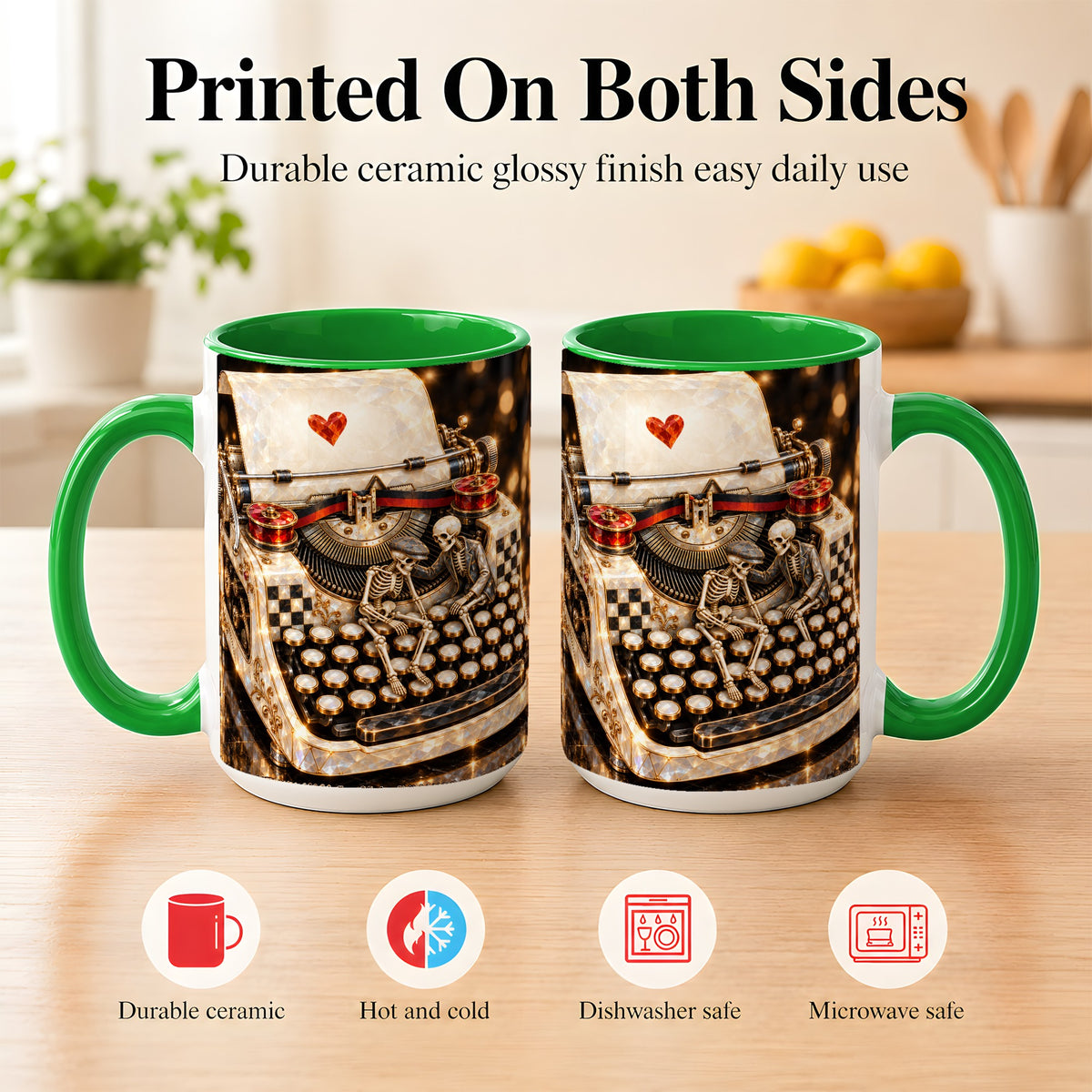 #pl[15oz|Green] Jeweled Typewriter Coffee Mug, Skeleton Couple Mug, Ceramic Cup