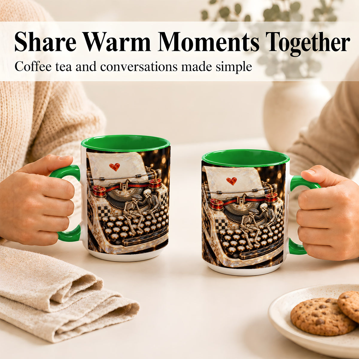 #pl[15oz|Green] Jeweled Typewriter Coffee Mug, Skeleton Couple Mug, Ceramic Cup