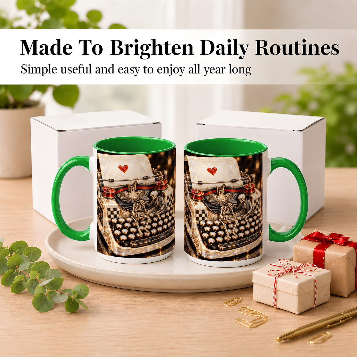 #pl[15oz|Green] Jeweled Typewriter Coffee Mug, Skeleton Couple Mug, Ceramic Cup