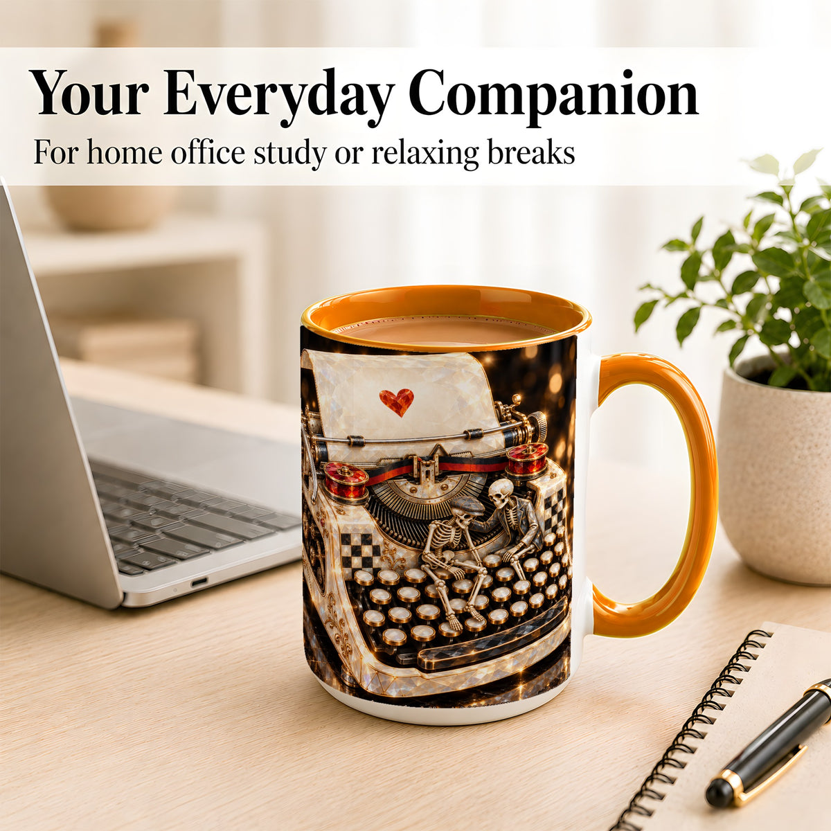 #pl[15oz|Orange] Jeweled Typewriter Coffee Mug, Skeleton Couple Mug, Ceramic Cup