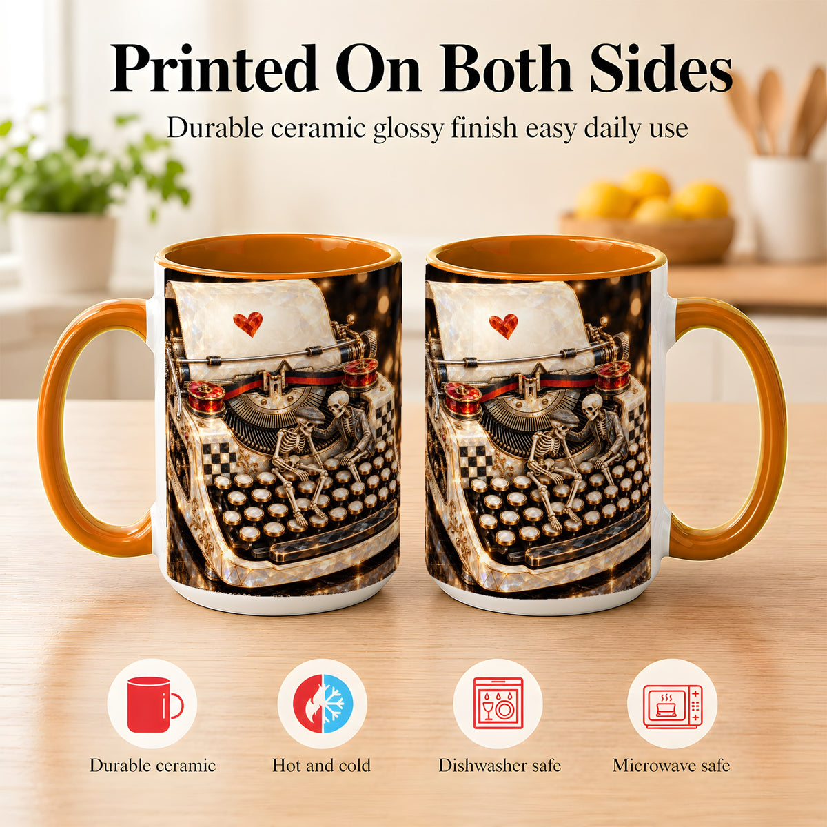 #pl[15oz|Orange] Jeweled Typewriter Coffee Mug, Skeleton Couple Mug, Ceramic Cup
