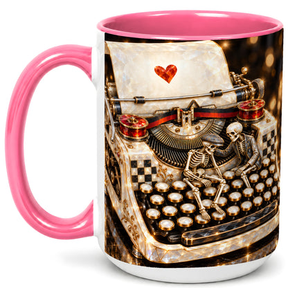 #pl[15oz|Pink] Jeweled Typewriter Coffee Mug, Skeleton Couple Mug, Ceramic Cup