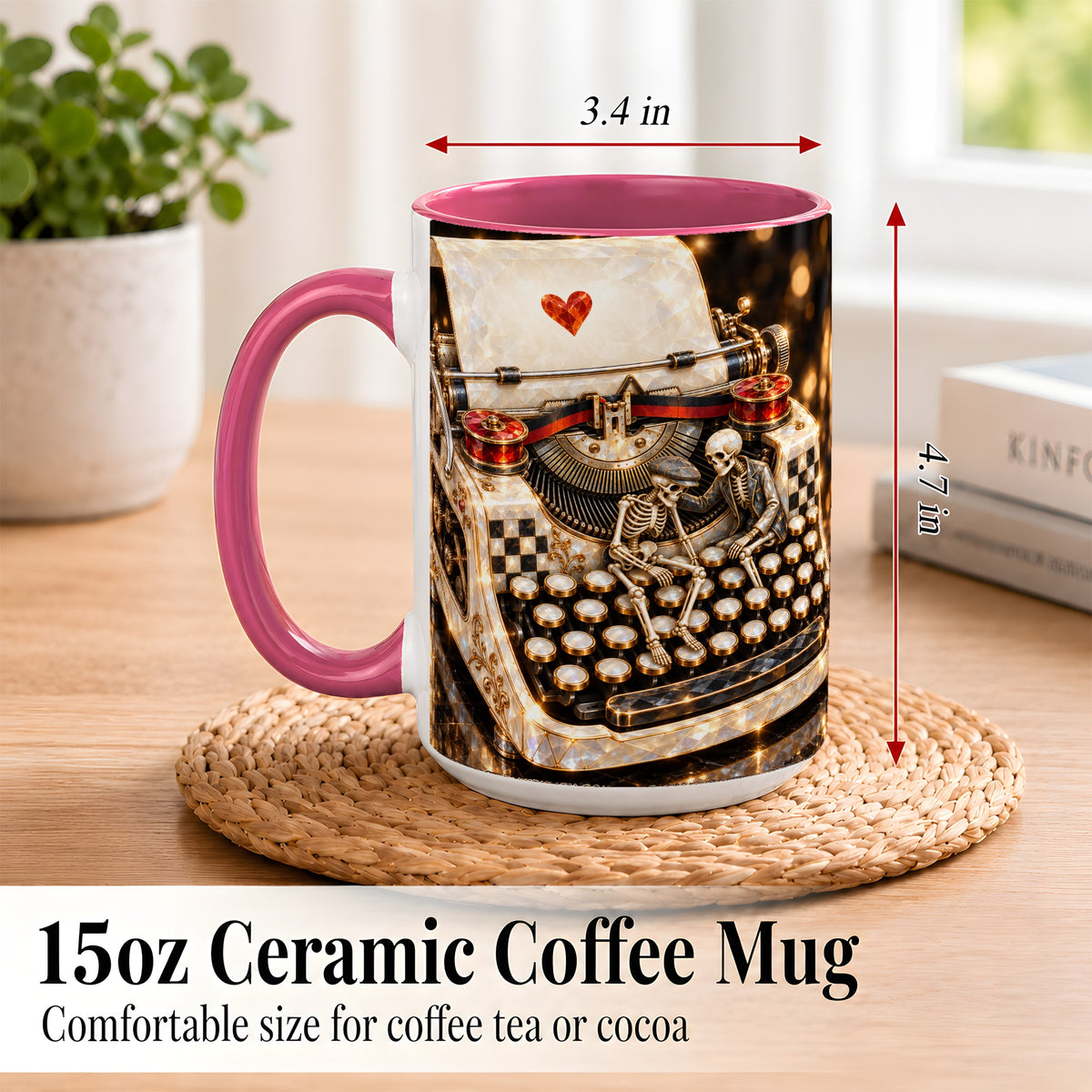 #pl[15oz|Pink] Jeweled Typewriter Coffee Mug, Skeleton Couple Mug, Ceramic Cup