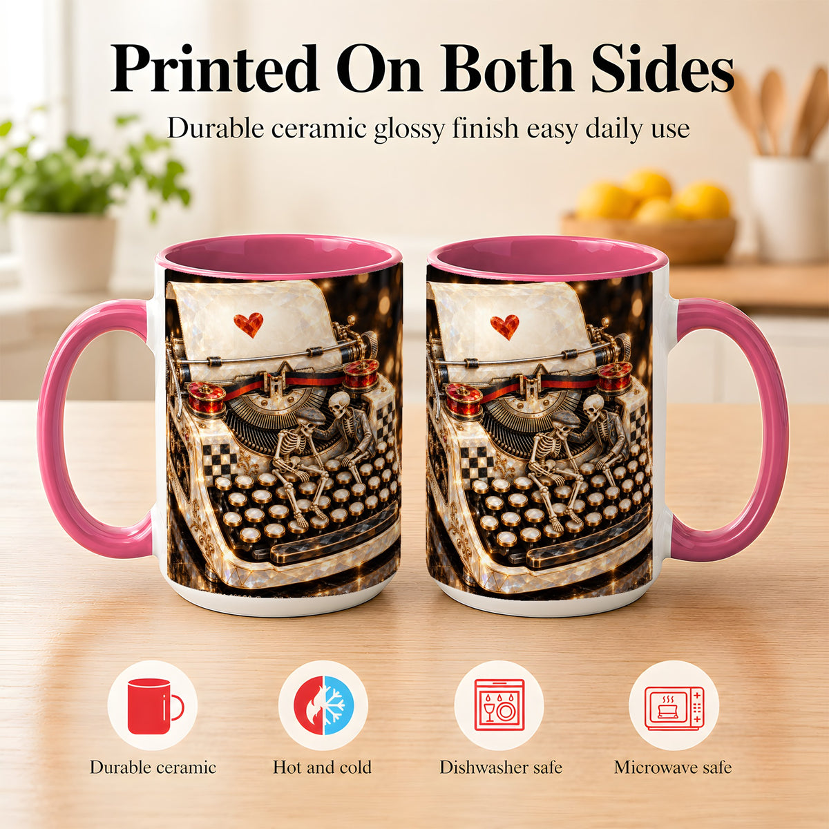 #pl[15oz|Pink] Jeweled Typewriter Coffee Mug, Skeleton Couple Mug, Ceramic Cup