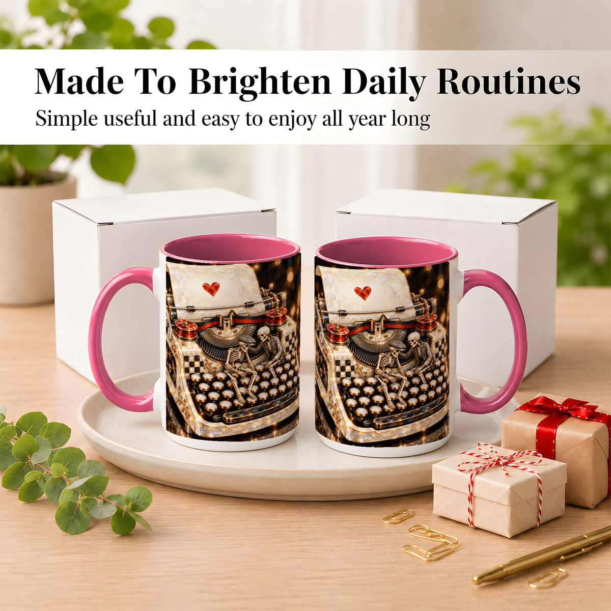 #pl[15oz|Pink] Jeweled Typewriter Coffee Mug, Skeleton Couple Mug, Ceramic Cup