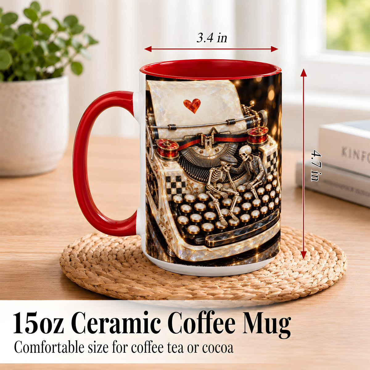 #pl[15oz|Red] Jeweled Typewriter Coffee Mug, Skeleton Couple Mug, Ceramic Cup