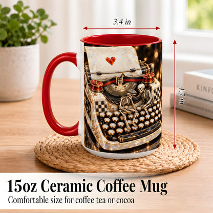 #pl[15oz|Red] Jeweled Typewriter Coffee Mug, Skeleton Couple Mug, Ceramic Cup
