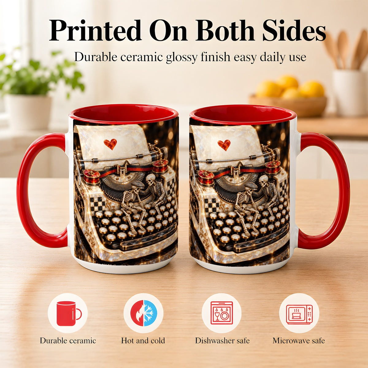 #pl[15oz|Red] Jeweled Typewriter Coffee Mug, Skeleton Couple Mug, Ceramic Cup