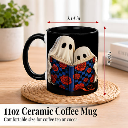 #pl[11oz|Black] Ghost Reading Coffee Mug, Spooky Bookish Mug, Ceramic Cup