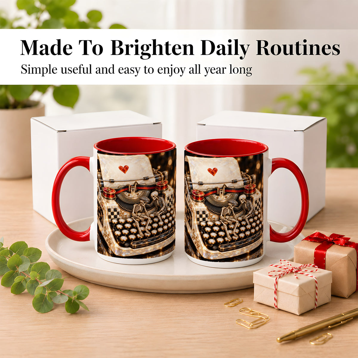 #pl[15oz|Red] Jeweled Typewriter Coffee Mug, Skeleton Couple Mug, Ceramic Cup