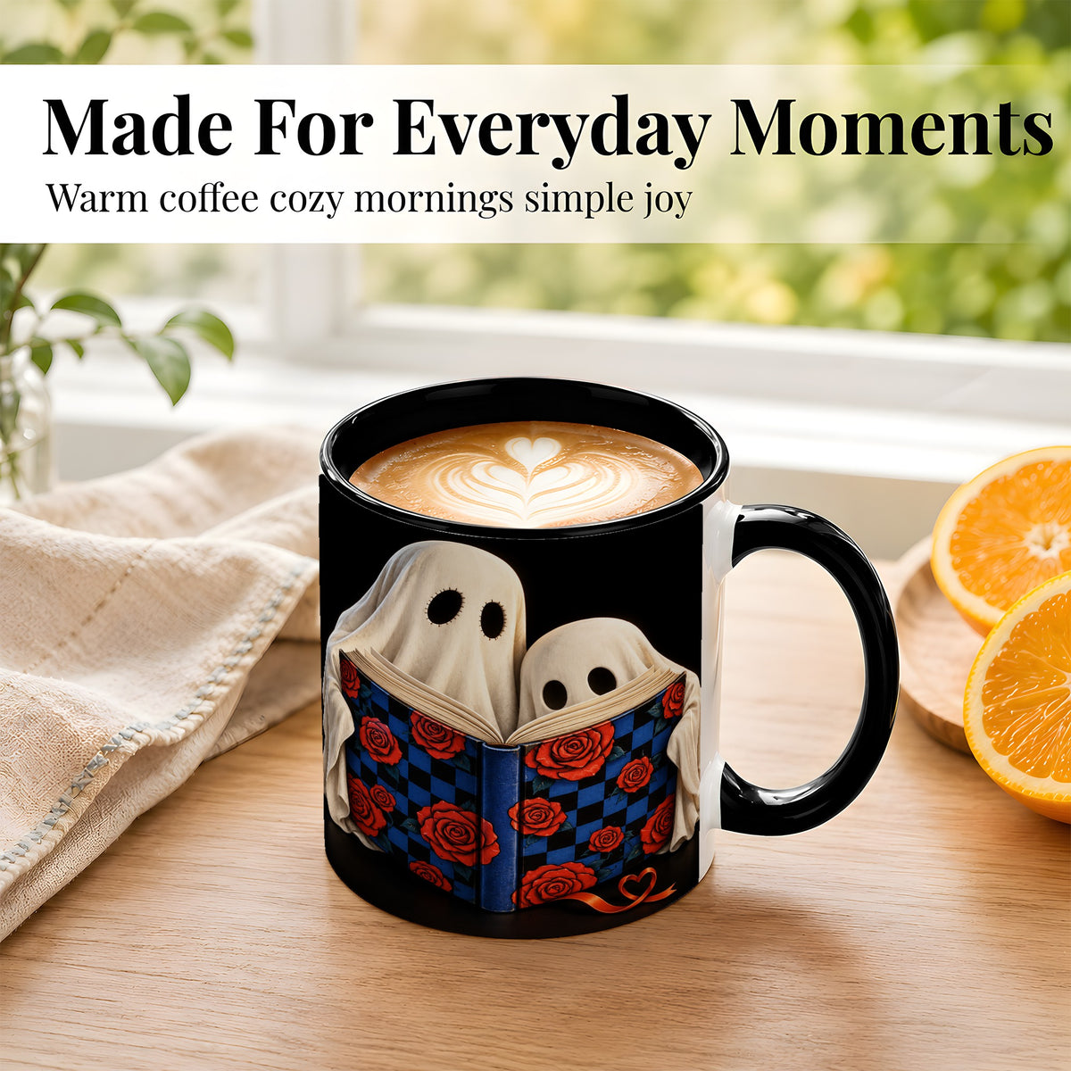 #pl[11oz|Black] Ghost Reading Coffee Mug, Spooky Bookish Mug, Ceramic Cup