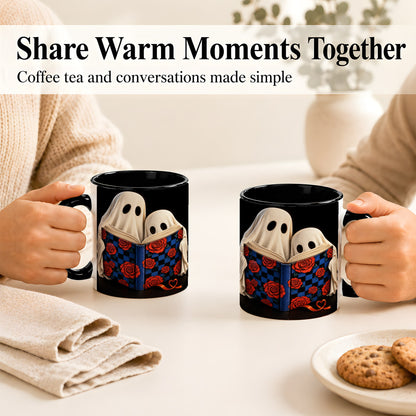 #pl[11oz|Black] Ghost Reading Coffee Mug, Spooky Bookish Mug, Ceramic Cup