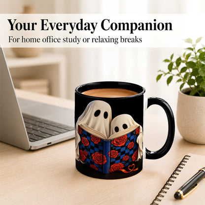 #pl[11oz|Black] Ghost Reading Coffee Mug, Spooky Bookish Mug, Ceramic Cup