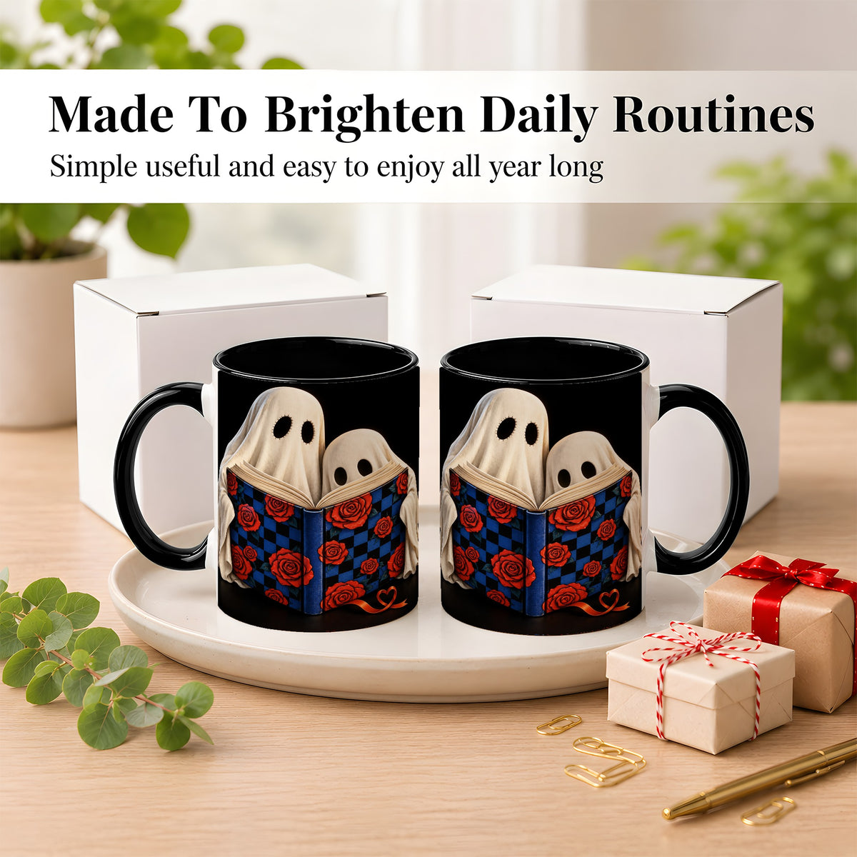 #pl[11oz|Black] Ghost Reading Coffee Mug, Spooky Bookish Mug, Ceramic Cup