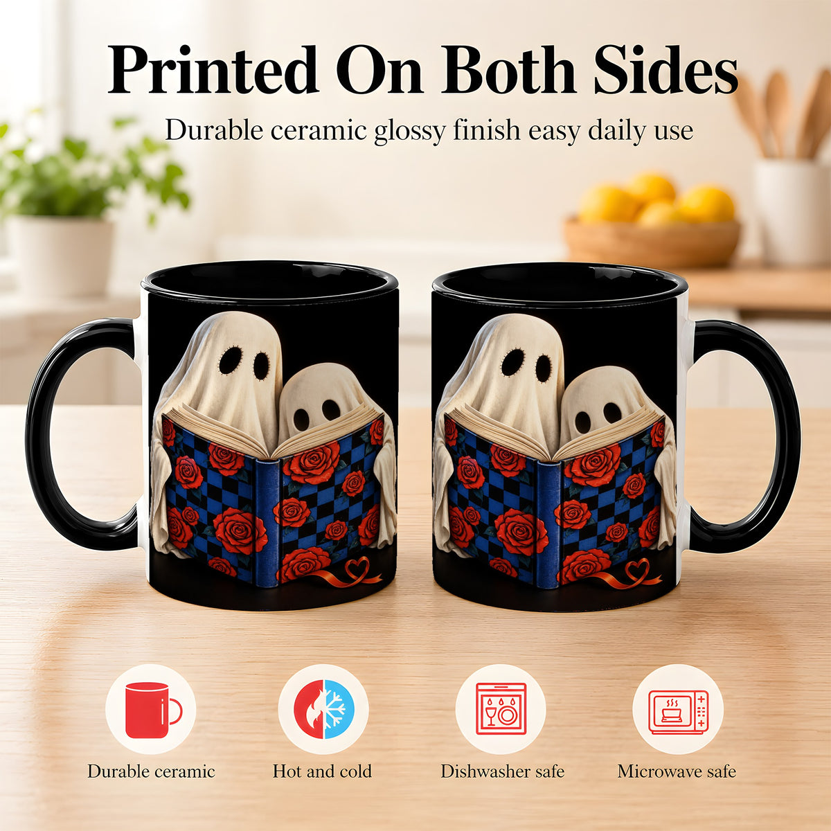 #pl[11oz|Black] Ghost Reading Coffee Mug, Spooky Bookish Mug, Ceramic Cup