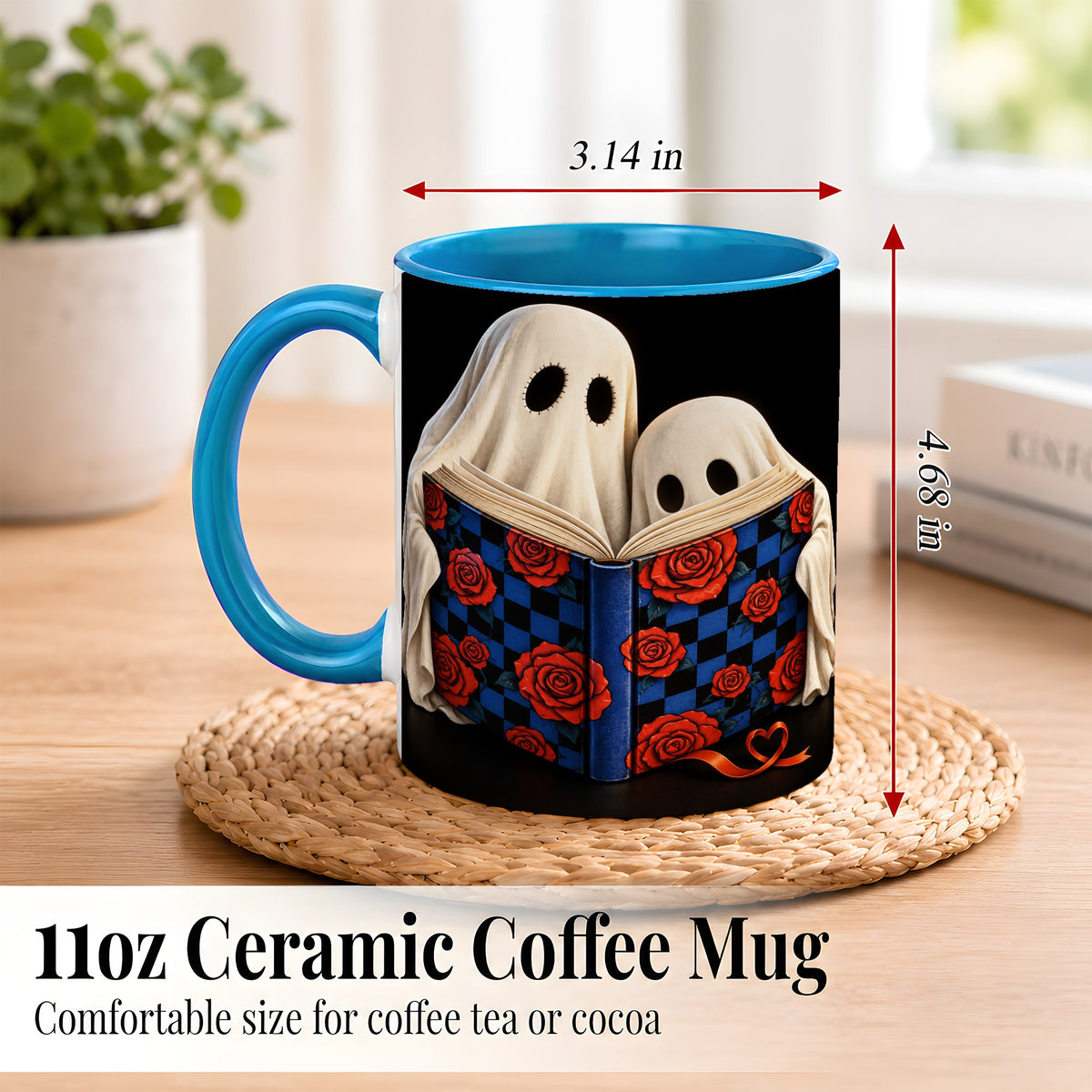 #pl[11oz|Blue] Ghost Reading Coffee Mug, Spooky Bookish Mug, Ceramic Cup