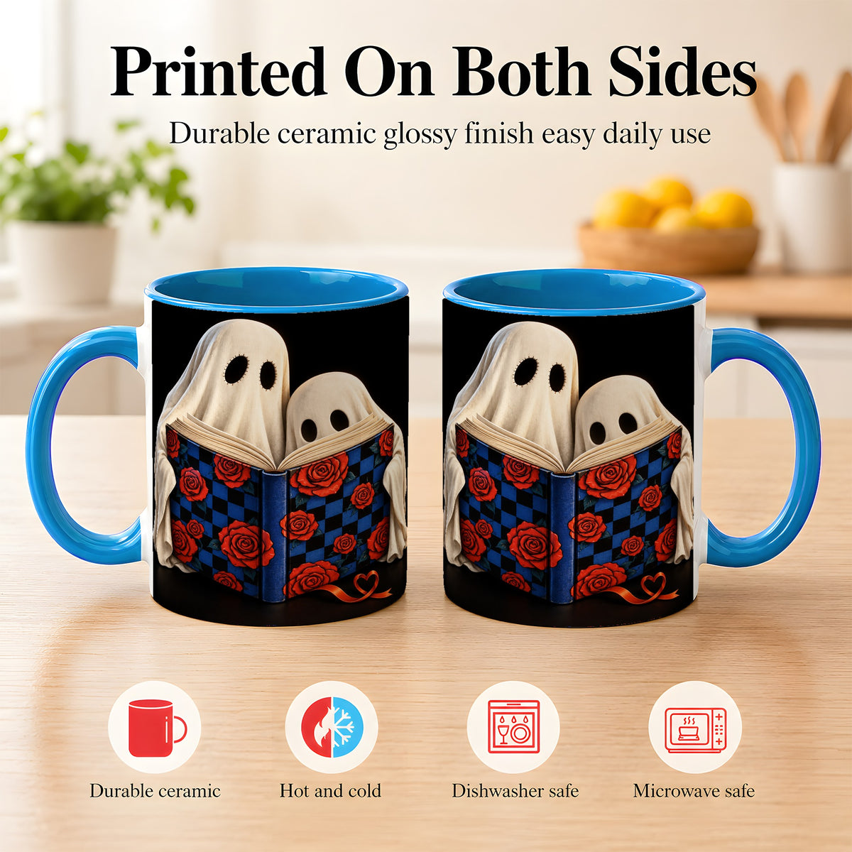 #pl[11oz|Blue] Ghost Reading Coffee Mug, Spooky Bookish Mug, Ceramic Cup