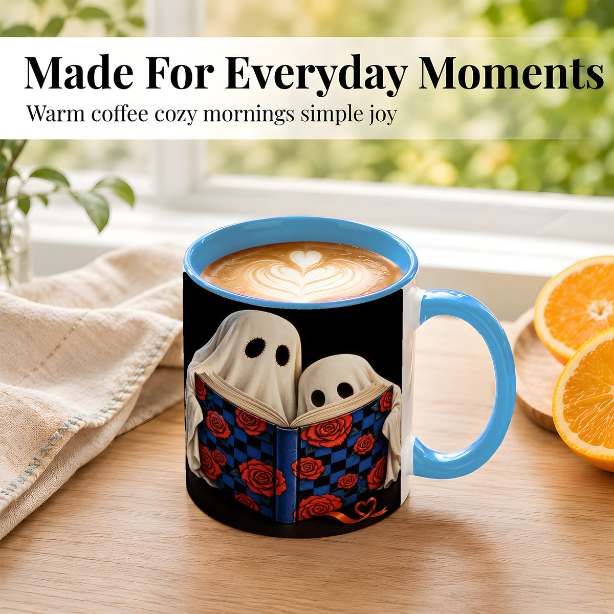 #pl[11oz|Blue] Ghost Reading Coffee Mug, Spooky Bookish Mug, Ceramic Cup