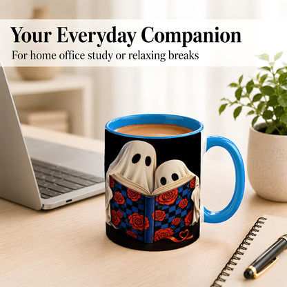 #pl[11oz|Blue] Ghost Reading Coffee Mug, Spooky Bookish Mug, Ceramic Cup