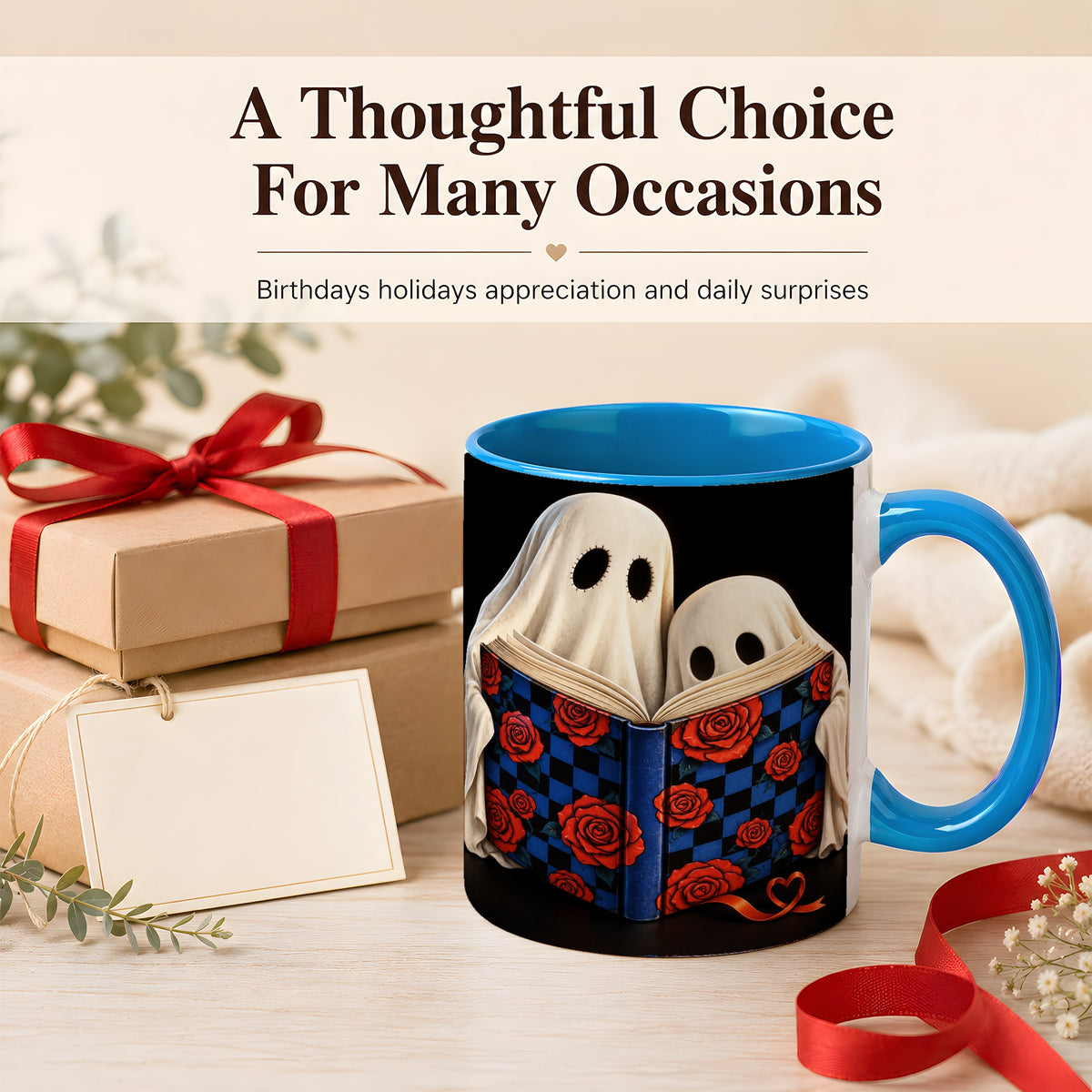 #pl[11oz|Blue] Ghost Reading Coffee Mug, Spooky Bookish Mug, Ceramic Cup