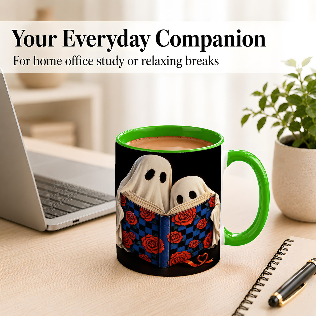 #pl[11oz|Green] Ghost Reading Coffee Mug, Spooky Bookish Mug, Ceramic Cup