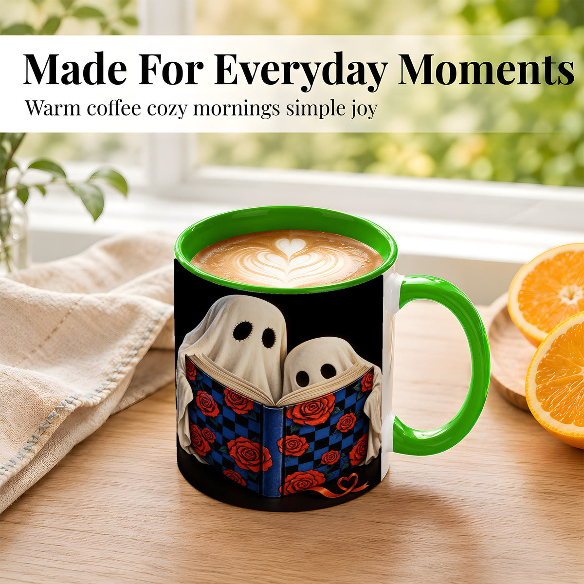 #pl[11oz|Green] Ghost Reading Coffee Mug, Spooky Bookish Mug, Ceramic Cup