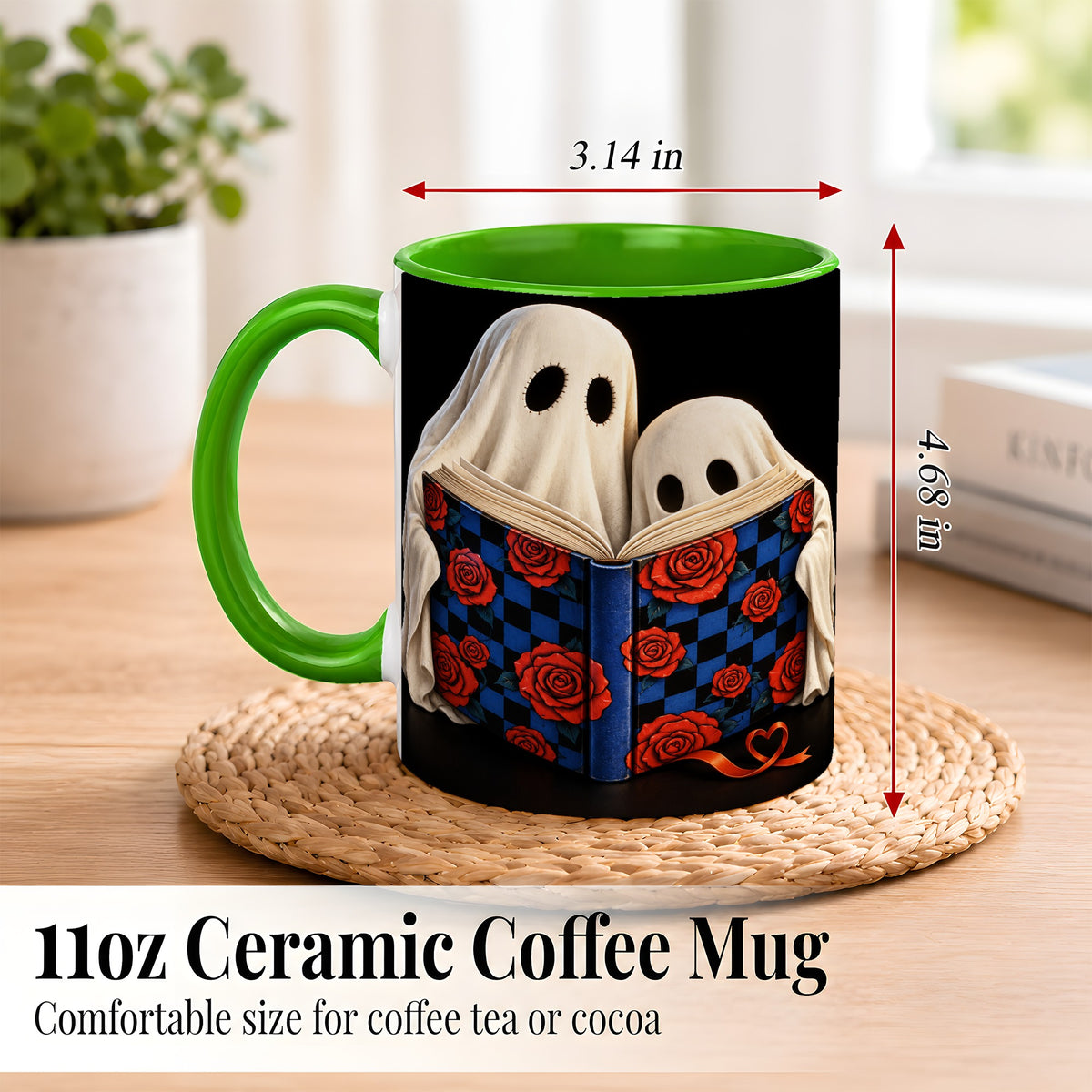 #pl[11oz|Green] Ghost Reading Coffee Mug, Spooky Bookish Mug, Ceramic Cup