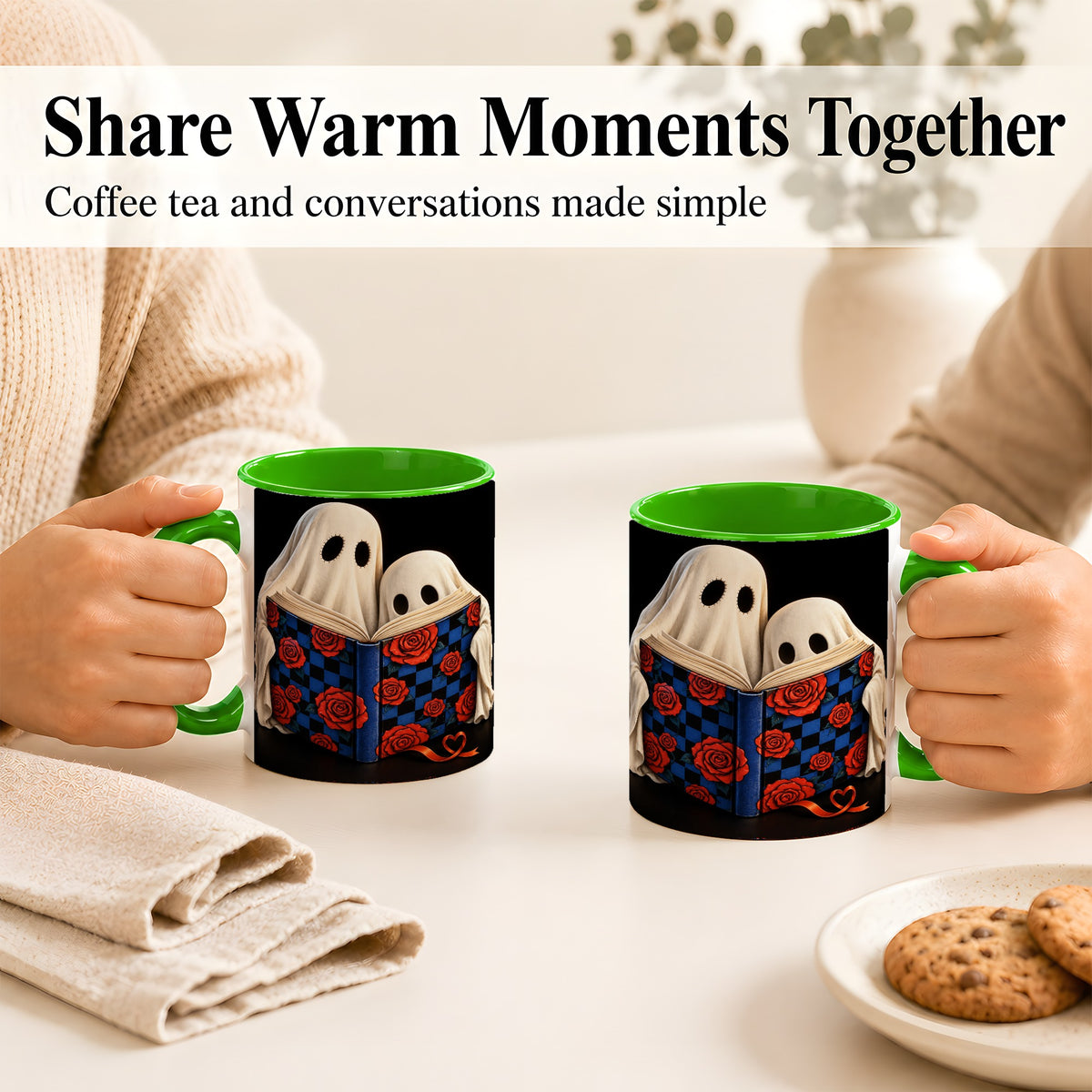#pl[11oz|Green] Ghost Reading Coffee Mug, Spooky Bookish Mug, Ceramic Cup